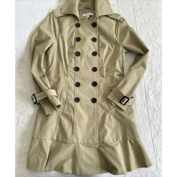 New York & Co Khaki Beige Double Breasted Belted Lined Peplum Trench Coat Size L - Picture 15 of 16